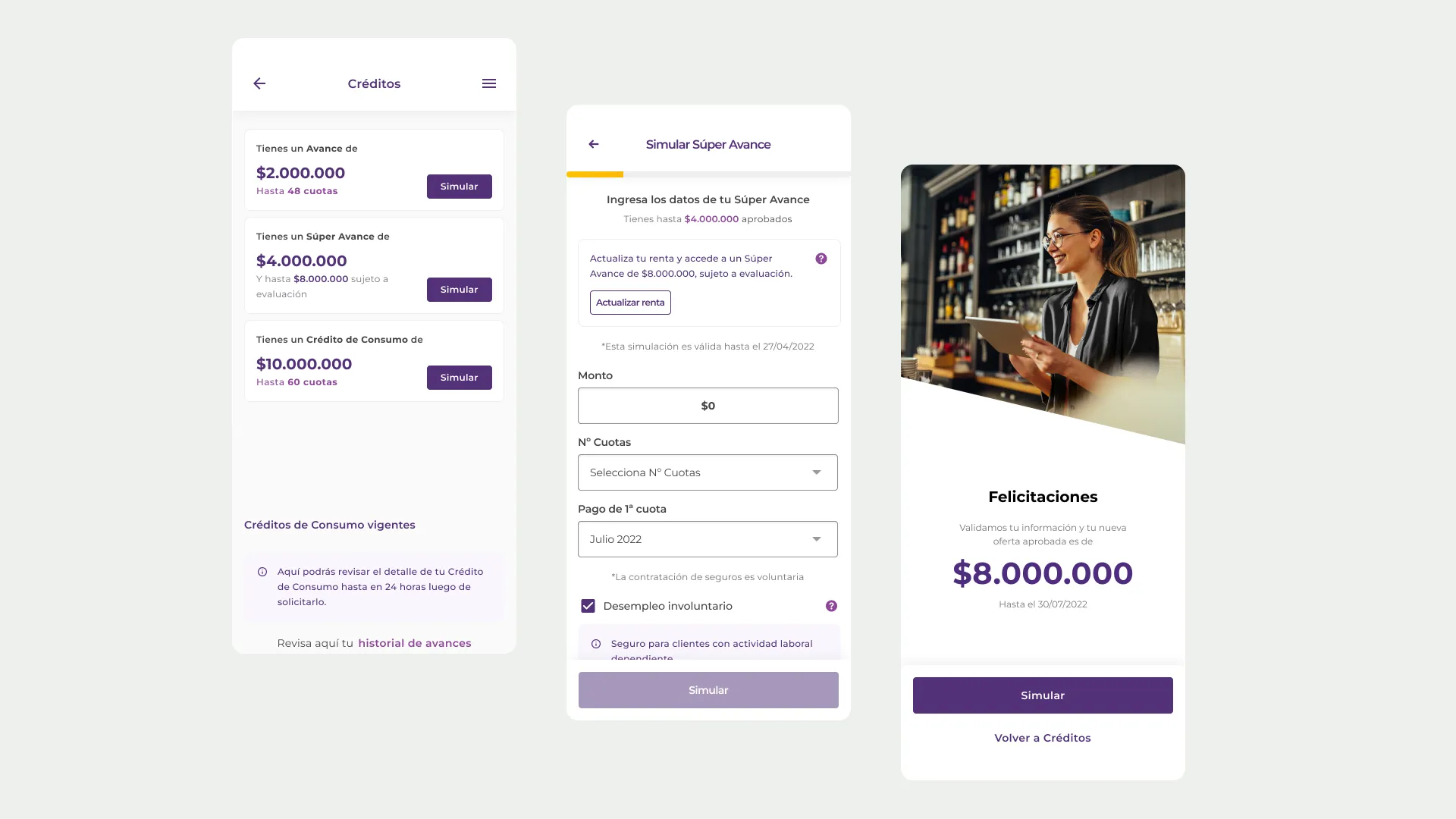 Tres pantallas móviles del flujo de actualización de renta: el listado de créditos disponibles, el simulador de Súper Avance con el aviso para actualizar la renta, y la pantalla de confirmación con la nueva oferta aprobada de $8.000.000.