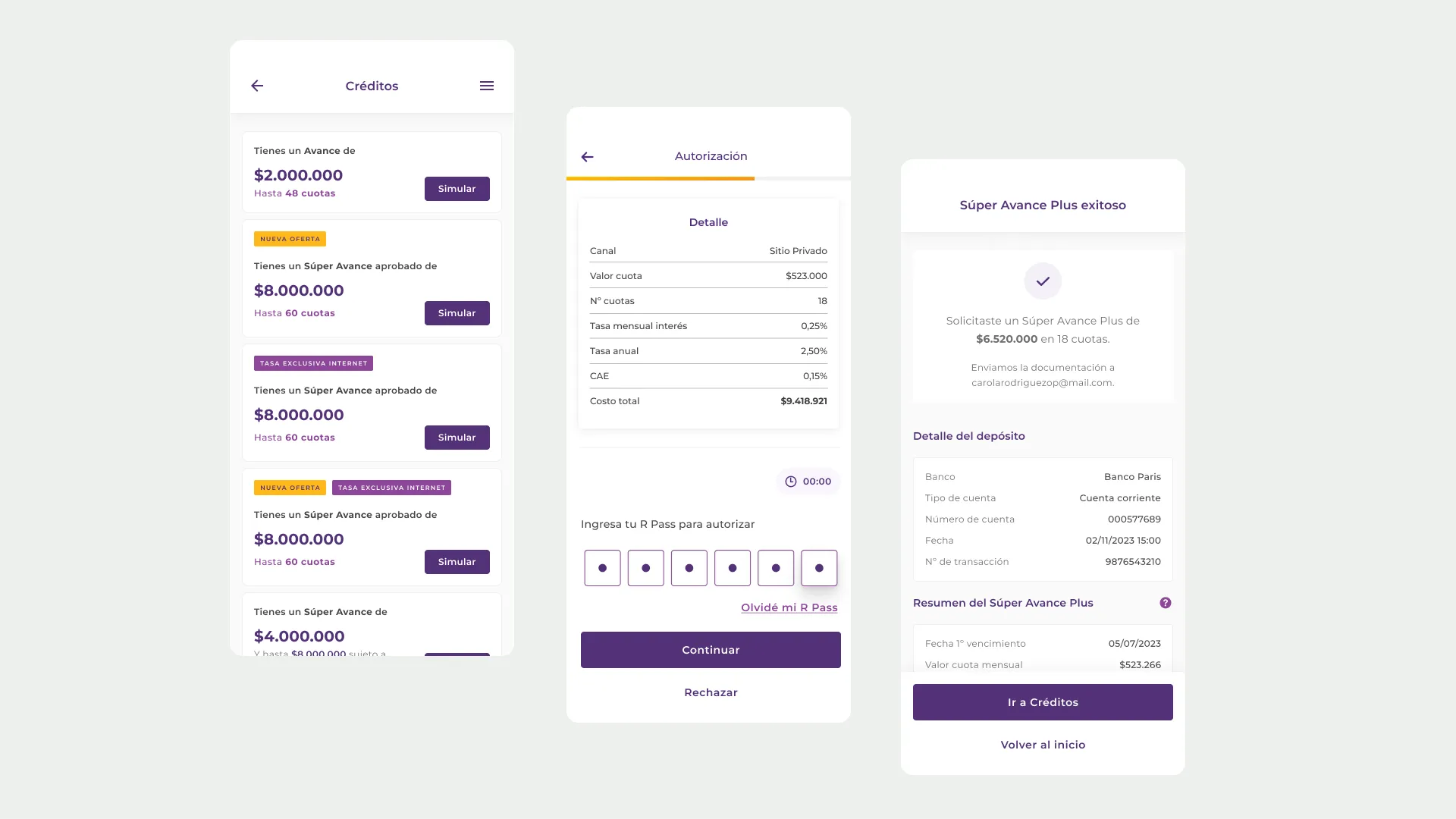 Tres pantallas móviles: el listado de créditos con varias ofertas de Súper Avance etiquetadas como nueva oferta y tasa exclusiva internet, la pantalla de autorización con el detalle del crédito y el ingreso de R Pass, y el comprobante de Súper Avance Plus exitoso.