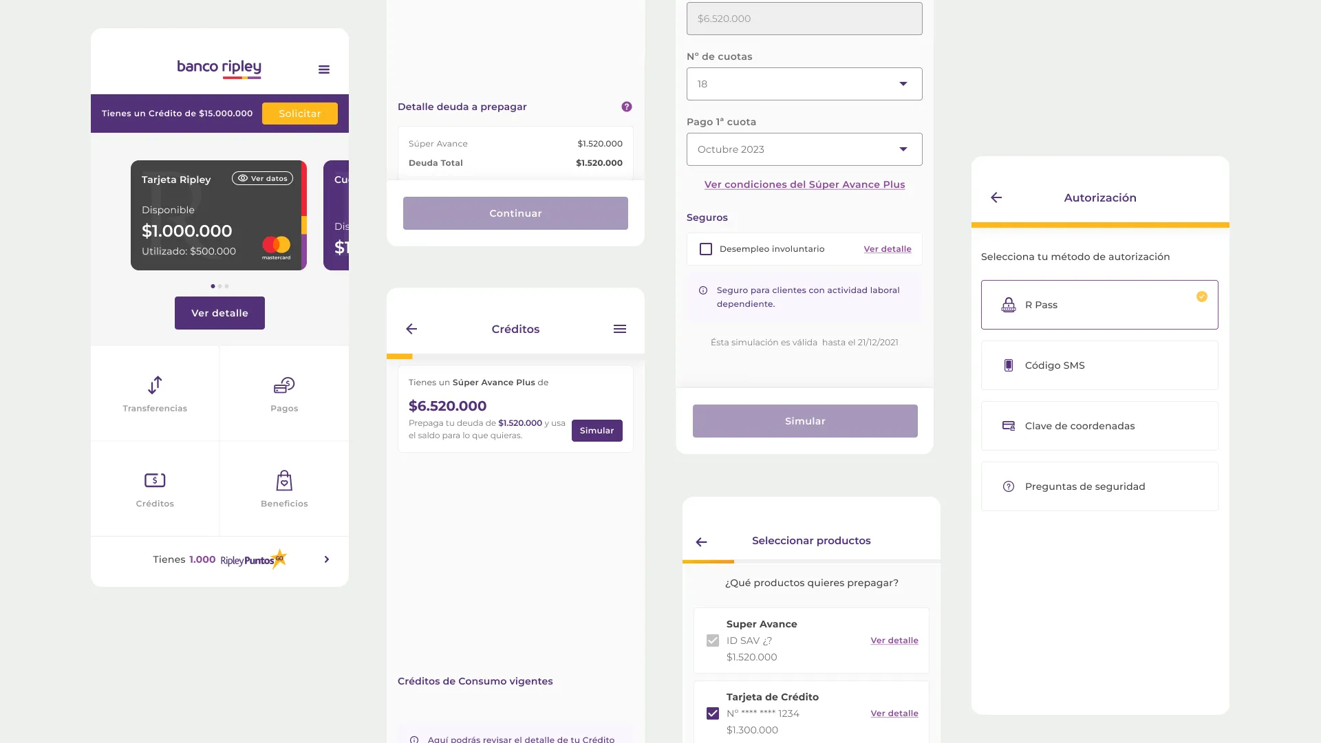 Cuatro pantallas móviles del flujo de prepago: la portada de Banco Ripley con las tarjetas y los accesos, la selección de productos a prepagar, el simulador de Súper Avance Plus con seguros y condiciones, y la selección del método de autorización entre R Pass, código SMS, clave de coordenadas y preguntas de seguridad.
